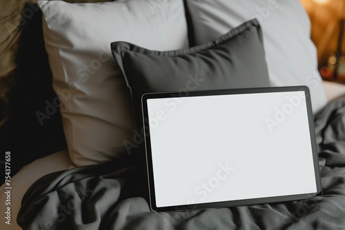 A hotel room service tablet mockup with a blank screen, on a bedside table.