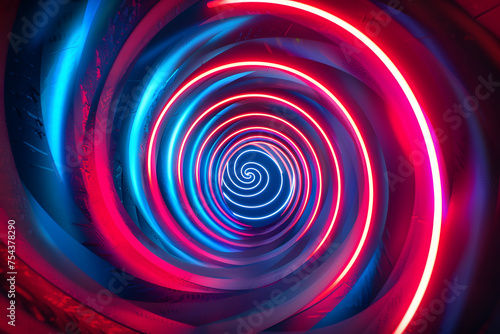 A vibrant red and blue swirl creates a mesmerizing visual effect in the dark