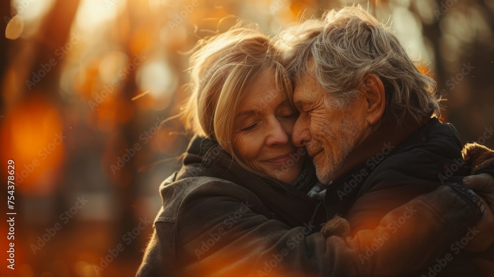 A senior family couple is seen relaxing, enjoying a warm embrace. The man and woman are immersed in nature, sharing affectionate hugs in sunset