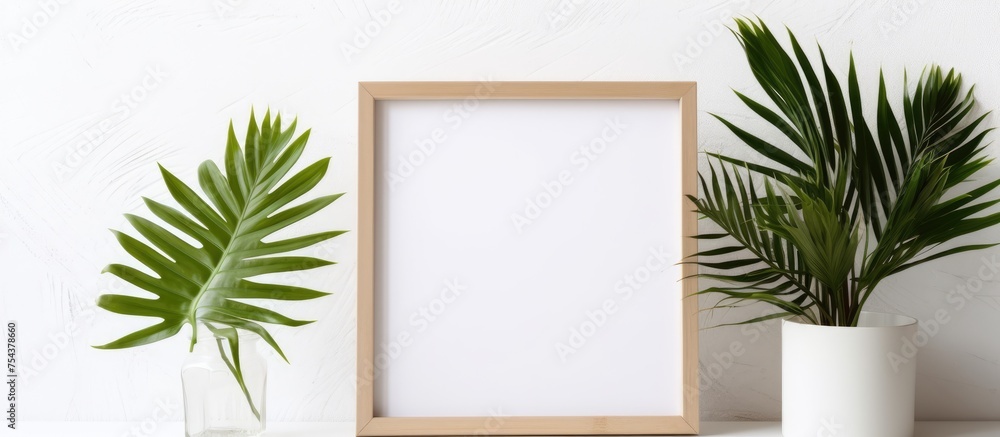 A wooden mockup photo frame with a palm leaf is placed on a white table next to a potted plant. The frame is designed for posters and aesthetic home decorations in a Scandinavian style. A wooden mockup photo frame with a palm leaf is placed on a white table next to a potted plant. The frame is designed for posters and aesthetic home decorations in a Scandinavian style.