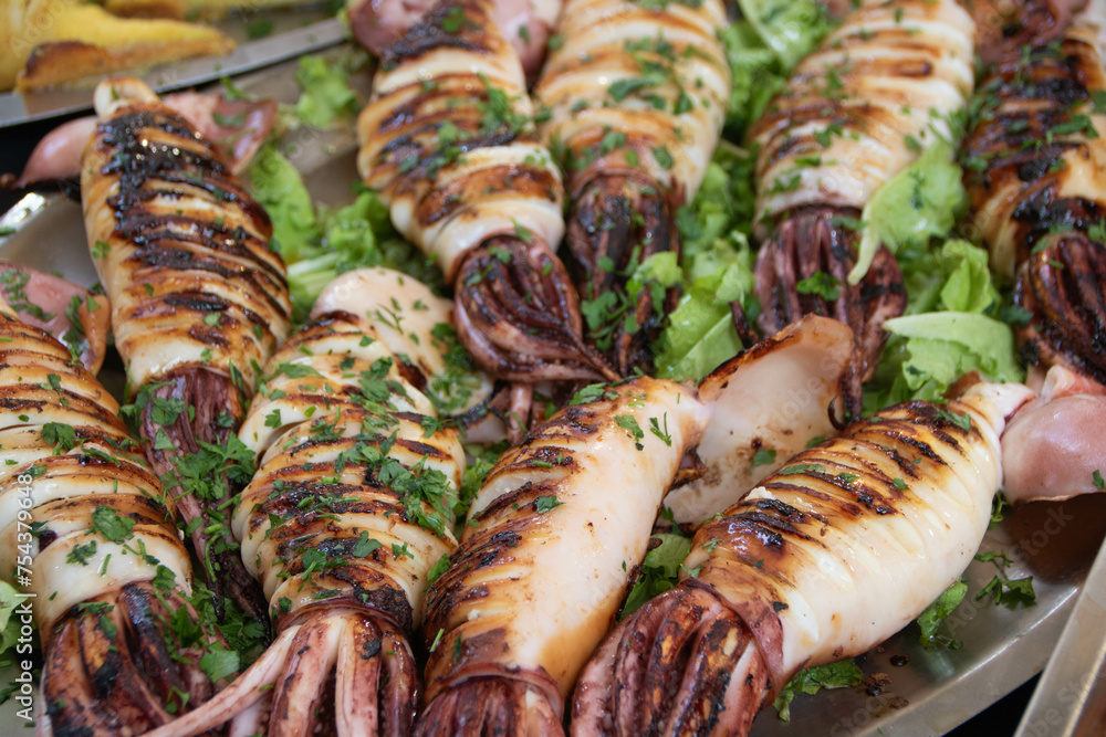 Stuffed squids in Ballaro market at Palermo