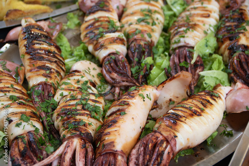 Obraz na płótnie Stuffed squids in Ballaro market at Palermo w salonie