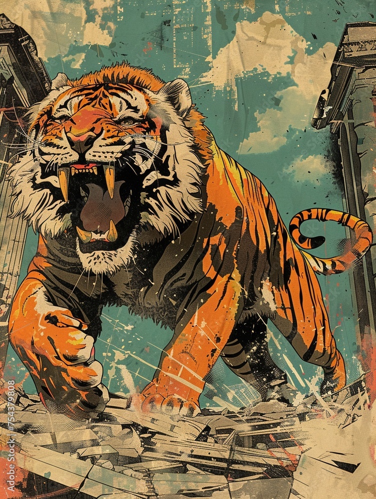 Obraz premium Epic showdown of a tiger and lion clashing amidst the ruins of an ancient city portrayed in a dramatic
