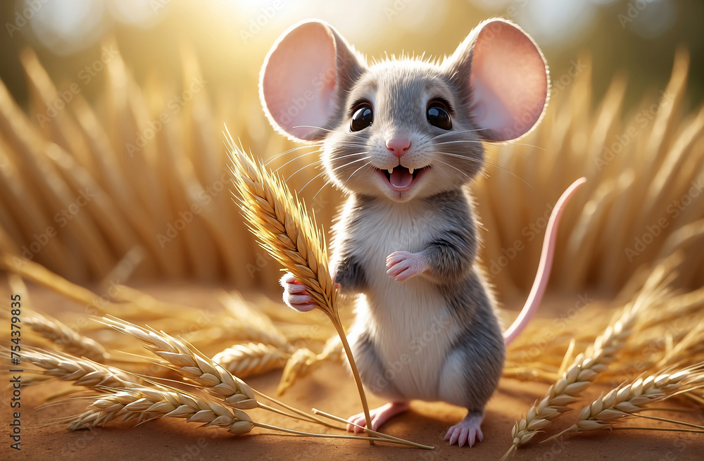 rodent. little cute cartoon mouse in a wheat field