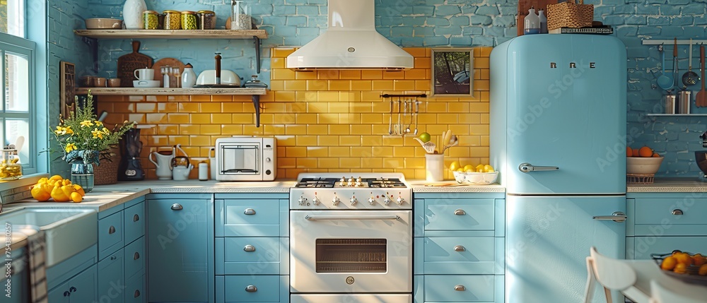 The kitchen interior is blue with an island. A stylish kitchen with white countertops. A cozy bright kitchen with utensils and appliances. The working space for the kitchen. 3D animation. 3D - obrazy, fototapety, plakaty 