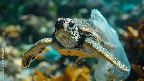 The problem of plastic pollution in the ocean - turtles eating plastic bags - the environmental threat