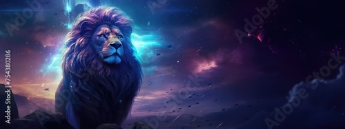 African lion, mane infused with stardust, gazes nobly against a backdrop of celestial bodies, nebulae, and a distant planet, embodying cosmic majesty. © Shaman4ik