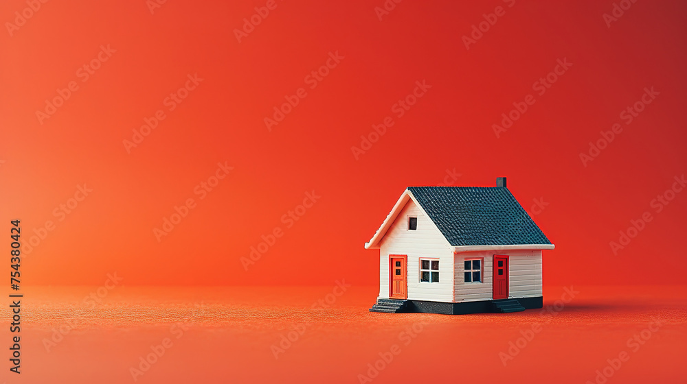 minimalistic Miniature house on light red background, building savings advertising minimalistic Miniature house on light red background, building savings advertising
