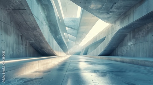 An abstract futuristic architecture with a concrete floor rendered in 3D.