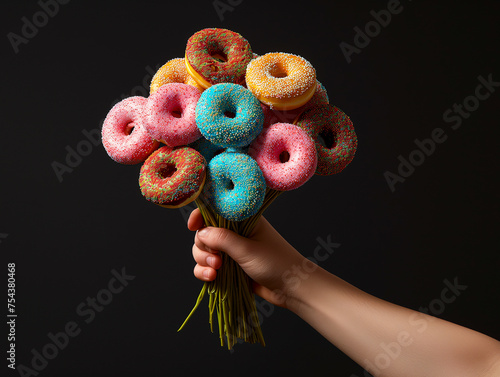 Hand holding a pile of colorful sprinkled donuts as a birthday bouquet of flowers against a black background