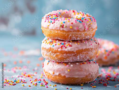 Delicious donuts photography, sweet taste, studio lighting, studio background, well-lit, vibrant colors, sharp-focus, high-quality, artistic, unique