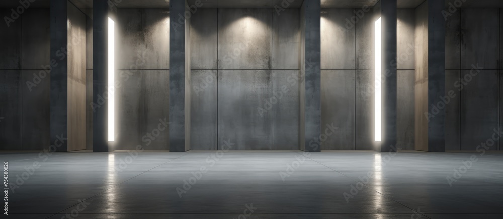 custom made wallpaper toronto digitalAn abstract, modern room with tall columns and soft lighting. The rough concrete floor adds an industrial touch to the space. Light streams in from above, creating a unique atmosphere.