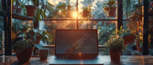 As a concept, a close up shot of a businessman working on a laptop computer with a blank screen on a wooden desk © Zaleman