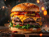 Delicious Double cheeseburger photography, explosion flavors, studio lighting, studio background, well-lit, vibrant colors, sharp-focus, high-quality, artistic, unique