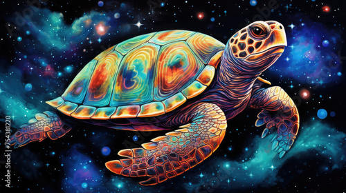 Turtle on cosmic background with space, stars, nebulae, vibrant colors, flames  digital art in fantasy style, featuring astronomy elements, celestial themes, interstellar ambiance © Shaman4ik