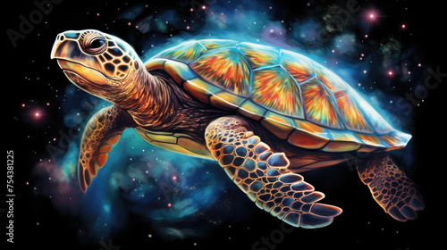 Turtle on cosmic background with space, stars, nebulae, vibrant colors, flames; digital art in fantasy style, featuring astronomy elements, celestial themes, interstellar ambiance