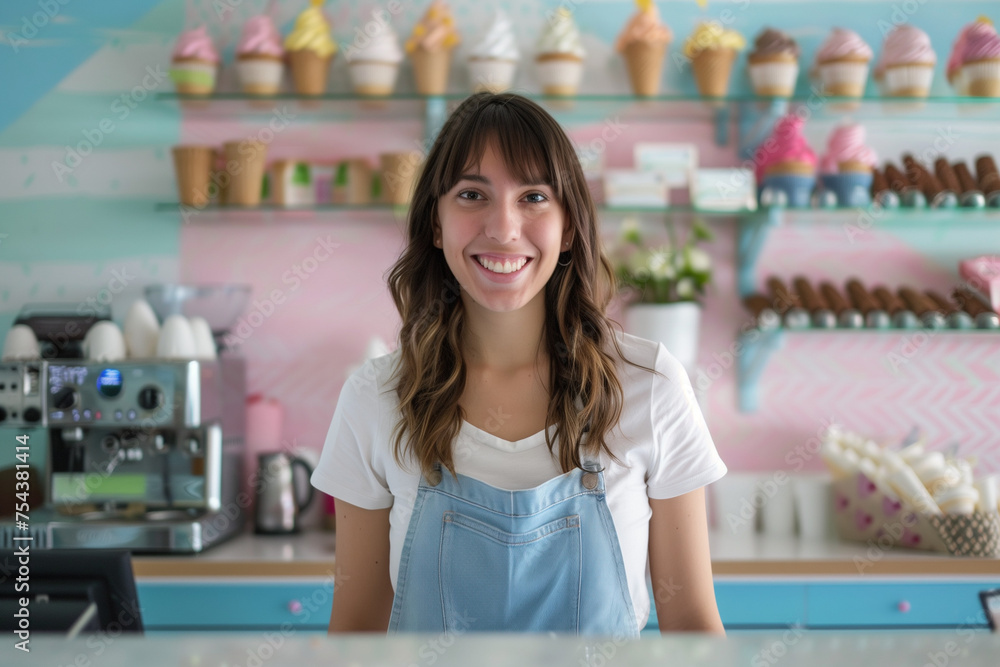 Ice cream saleswoman, friendly smile behind the counter of a young woman in a shop with copy space Ice cream saleswoman, friendly smile behind the counter of a young woman in a shop with copy space