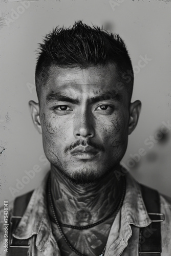 Portrait of an Asian man in tattoos from the Yakuza mafia. Old vintage retro black and white film photography. Mugshot of arrested criminal photo