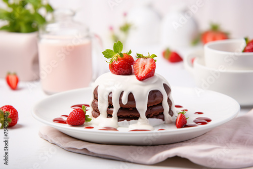 Small layered chocolate cake with white vanilla sauce and strawberry
