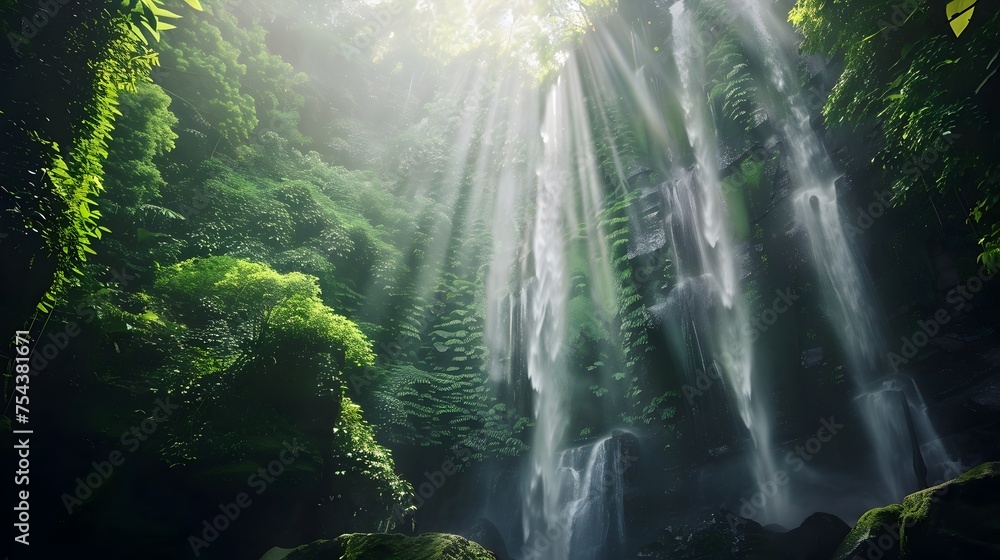 Obraz premium Majestic Waterfall in Lush Jungle, To showcase the untouched beauty of nature and the majesty of a hidden waterfall in a lush jungle setting This