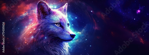 Wolf on cosmic background with space, stars, nebulae, vibrant colors, flames  digital art in fantasy style, featuring astronomy elements, celestial themes, interstellar ambiance © Shaman4ik