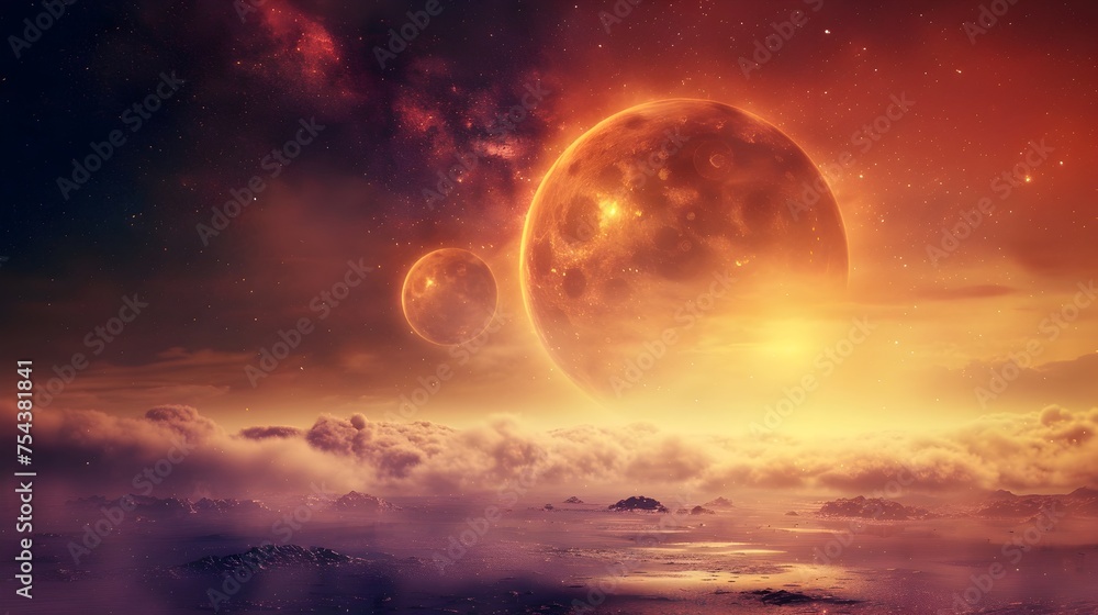 Fantasy Landscape with Two Planets and Foggy Sea, To provide a visually striking and unique background for various designs, such as website Fantasy Landscape with Two Planets and Foggy Sea, To provide a visually striking and unique background for various designs, such as website