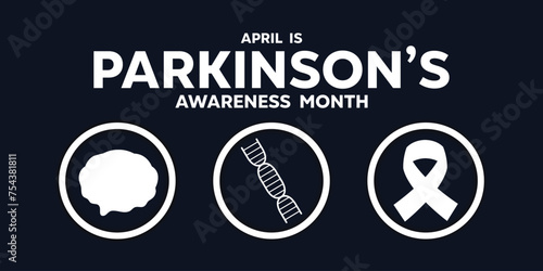 Parkinson's Awareness Month. Brain, cell and ribbon. Perfect for cards, banners, posters, social media and more. Black background.