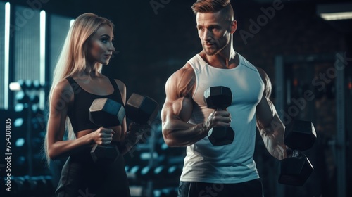 An athletic couple, a woman with a muscular Male trainer, train with dumbbells in the gym. Sports, Fitness, Motivation, Physical Education, Healthy Active Lifestyle concepts. © liliyabatyrova