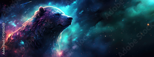 Majestic bear superimposed on stunning space background, featuring colorful nebulae, shimmering stars, and cosmic dust clouds, creating a surreal and inspiring scene.  © Shaman4ik