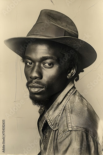Portrait of black man in hat. Old vintage retro black and white film photography