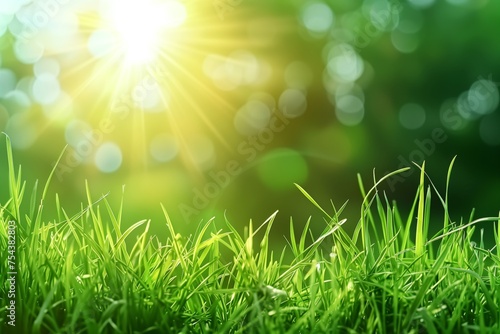 Spring grass in the garden, organic green leaves, bokeh blurred wallpaper natural background, defocused sun shines on grass and green leaves, sun rays, clean ecology in summer concept.