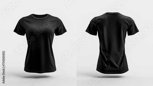 T-shirt mockup. Black blank t-shirt front and back views. female clothes on white background 