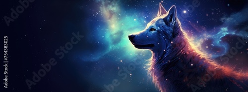 Chinese zodiac-inspired illustration, happy dog, long fur, galactic backdrop, shimmering star trails, space, glowing nebulae, fantasy cosmos, digital art, representing Year of the Dog