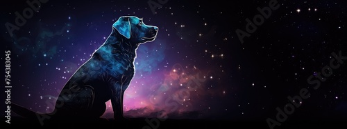 Chinese zodiac-inspired illustration, happy dog, long fur, galactic backdrop, shimmering star trails, space, glowing nebulae, fantasy cosmos, digital art, representing Year of the Dog