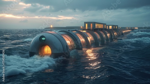 A tidal power station utilizing the rise and fall of tides to generate electricity