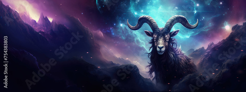 Majestic goat, starlit horns, mountainous backdrop, cosmic sky, nebulae, digital art, fantasy, animal portrait, space theme, vibrant colors, glowing effects, interstellar environment. photo