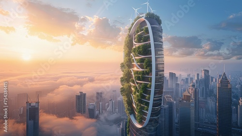 A green skyscraper with integrated wind turbines and solar panels photo