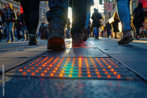 A piezoelectric sidewalk generating electricity from pedestrians' footsteps photo