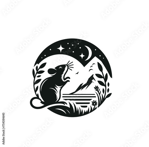 Mouse in nature landscape. Monochrome engraved isolated vector illustration