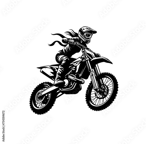 Motocross biker riding a dirt bike. Monochrome isolated vector illustration