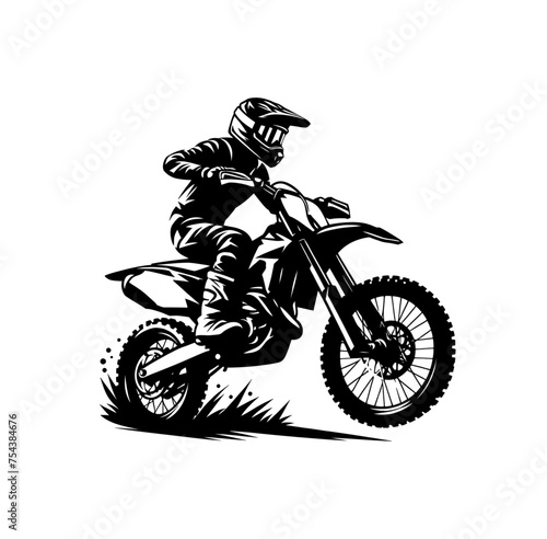 Motocross biker riding a dirt bike. Monochrome isolated vector illustration