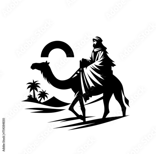 Nomad on riding camel monochrome isolated vector illustration