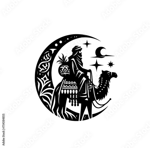 Nomad on riding camel monochrome isolated vector illustration