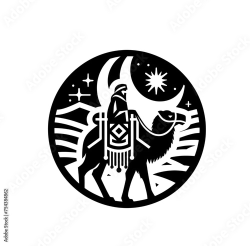Nomad on riding camel monochrome isolated vector illustration