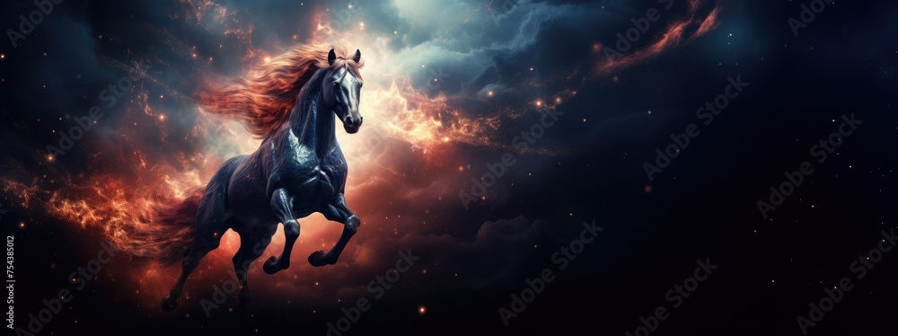 Majestic horse gallops through cosmos, mane flowing with ethereal colors, stars and nebulae in background, embodying celestial spirit, fantasy, vibrant. Majestic horse gallops through cosmos, mane flowing with ethereal colors, stars and nebulae in background, embodying celestial spirit, fantasy, vibrant.