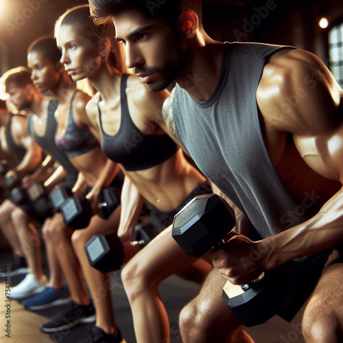 A group of athletic individuals engaging in a rigorous workout session with dumbbells  their determination evident as they push their physical limits  embodying the dedication and passion that define 
