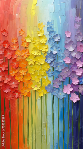 Painted colorful flowers of rainbow colors against a bright rainbow-colored paint background