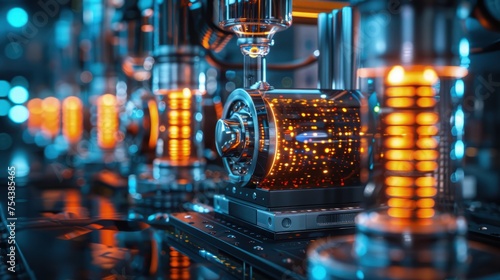 Quantum computer in a futuristic lab setting, with glowing quantum bits