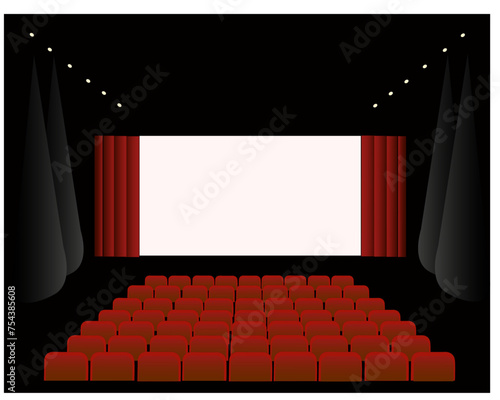 Salle de cinéma avec écran, sièges et éclairage latéral des allées