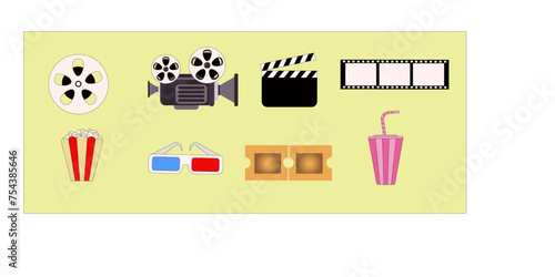 Equipement de cinéma avec caméra, pellicule, lunette  3d, clap, boisson et ticket d'entrée